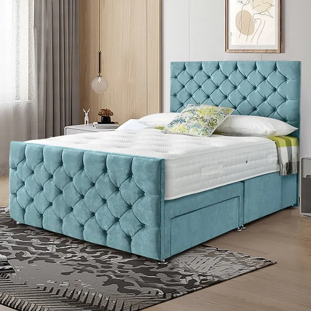 Dreamscape Double Divan Bed with Storage - Duck Egg, Velvet
