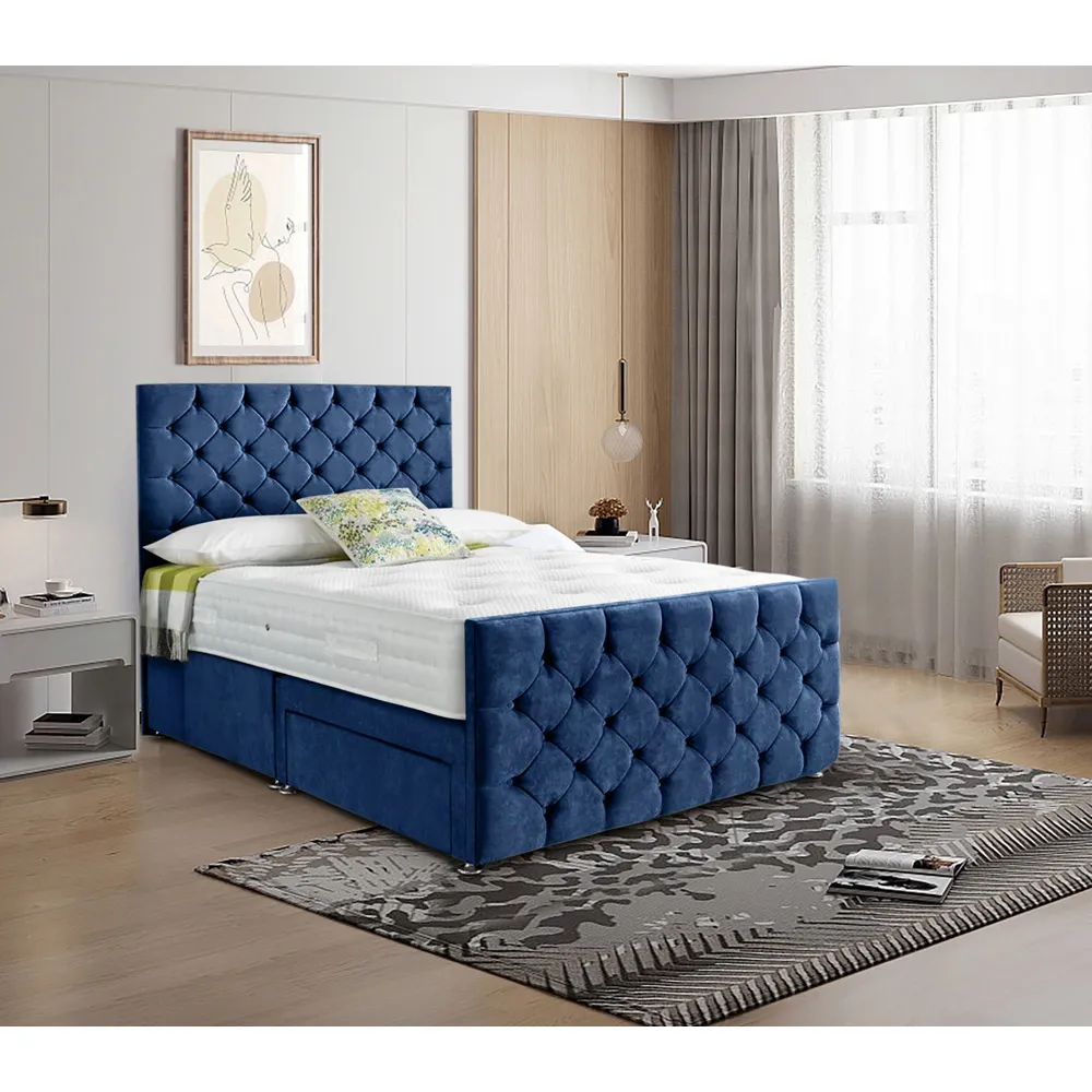 Dreamscape Small Double Divan Bed with Storage - Blue, Velvet