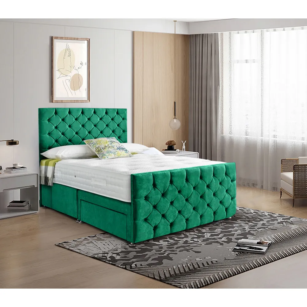 Dreamscape Small Double Divan Bed with Storage - Green, Velvet