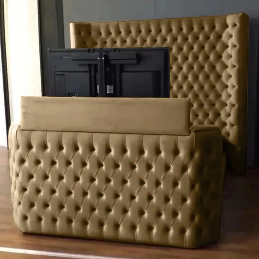 Elisa King Size TV Bed Frame with Curved Headboard - Beige, Velvet