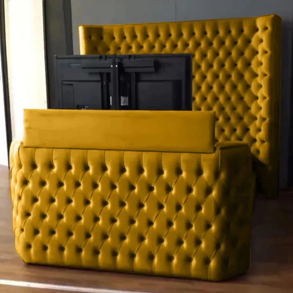 Elisa King Size TV Bed Frame with Curved Headboard - Mustard, Velvet