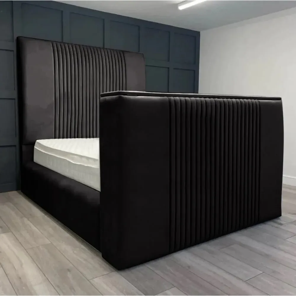 Emri King Size TV Bed Frame with Lined Headboard - Black, Velvet