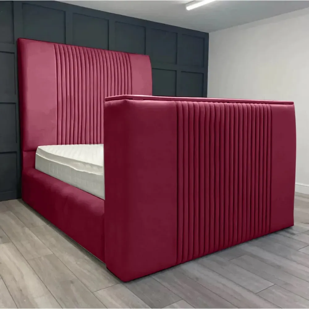 Emri King Size TV Bed Frame with Lined Headboard - Brown, Velvet