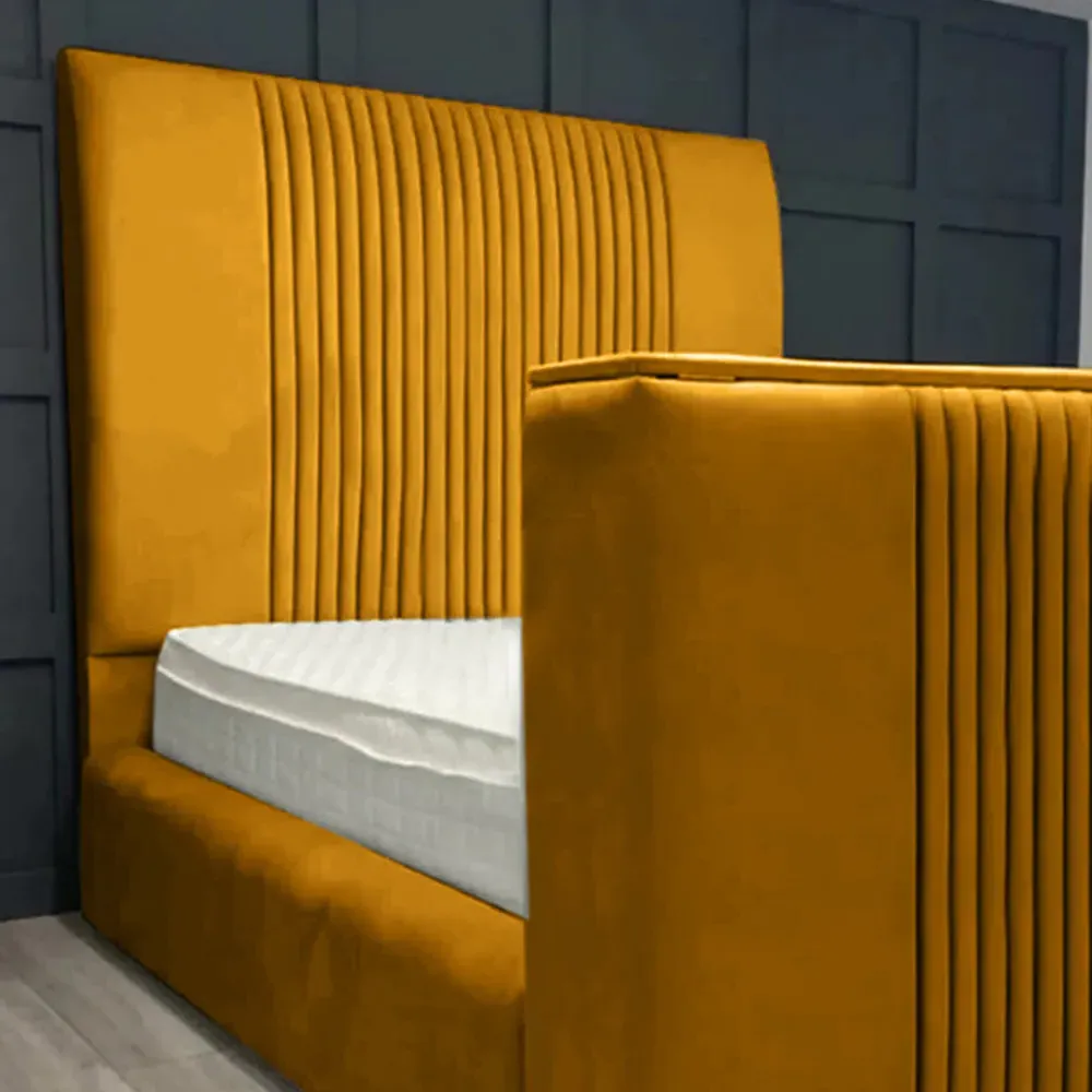 Emri King Size TV Bed Frame with Lined Headboard - Mustard, Velvet