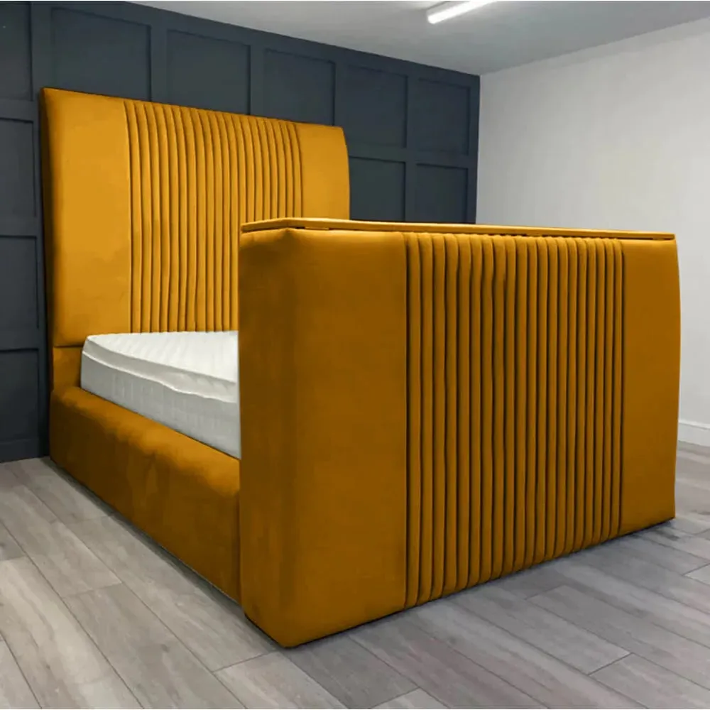Emri King Size TV Bed Frame with Lined Headboard - Mustard, Velvet