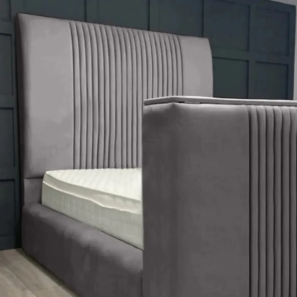 Emri King Size TV Bed Frame with Storage - Silver, Velvet