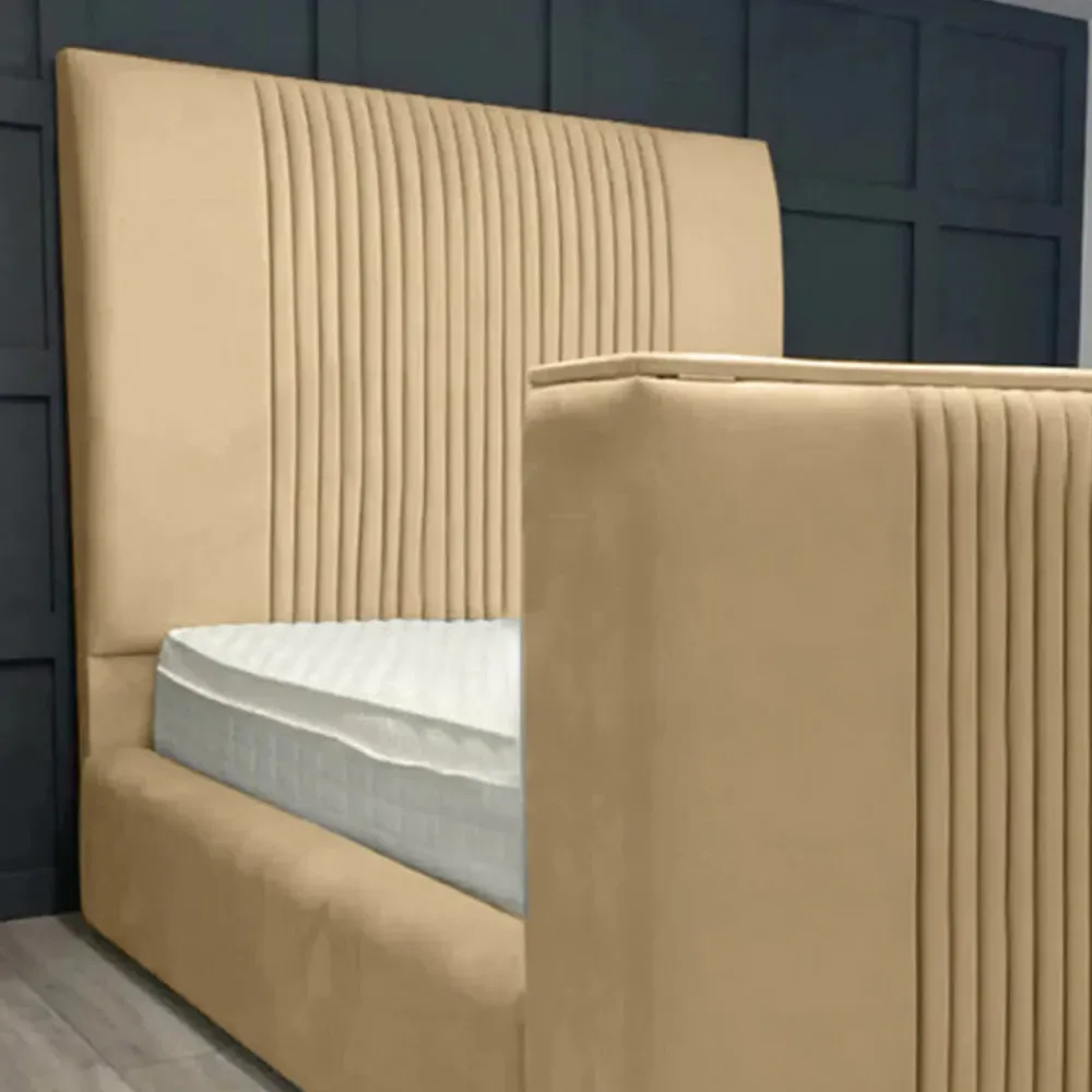 Emri Super King Size TV Bed Frame with Lined Headboard - Beige, Velvet