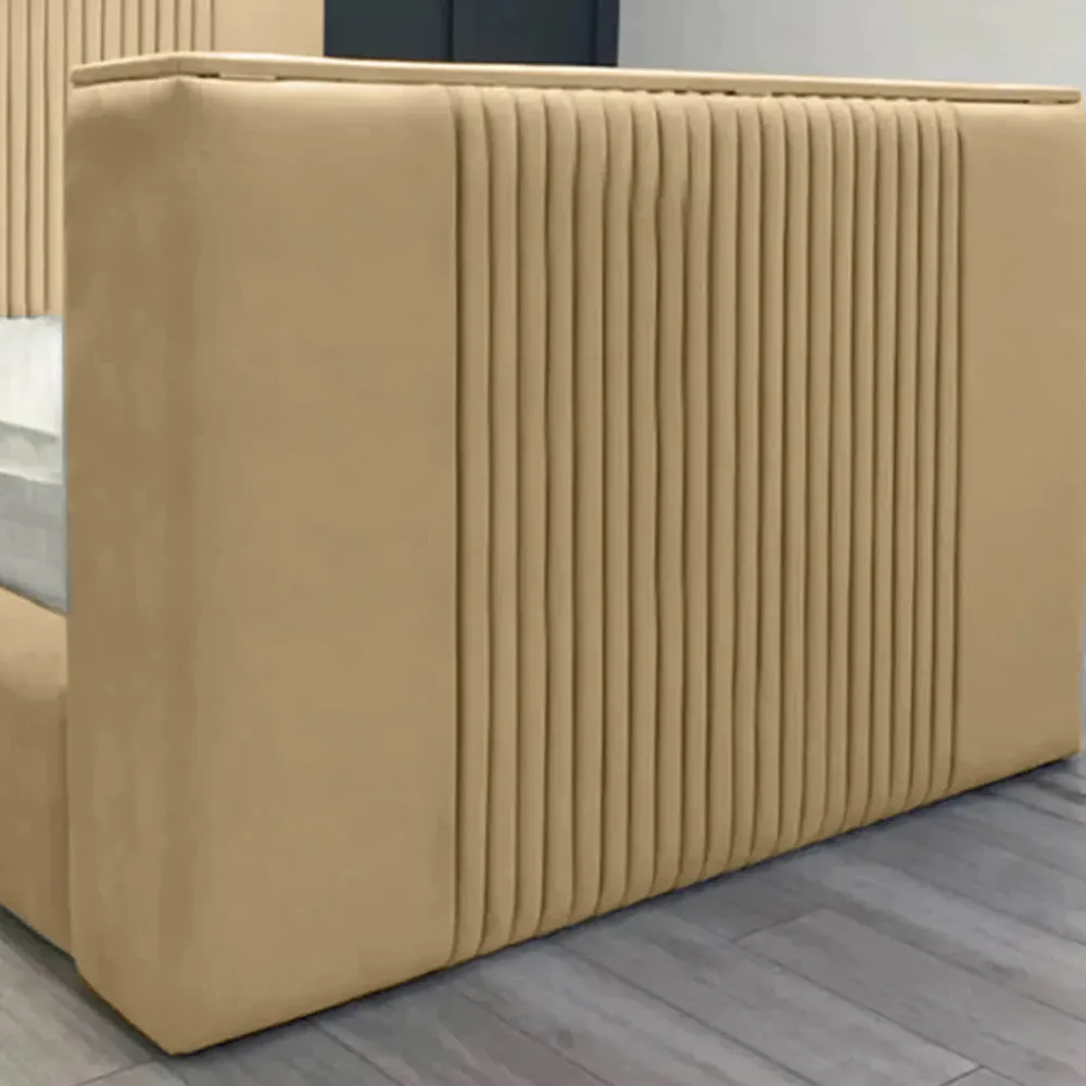 Emri Super King Size TV Bed Frame with Lined Headboard - Beige, Velvet