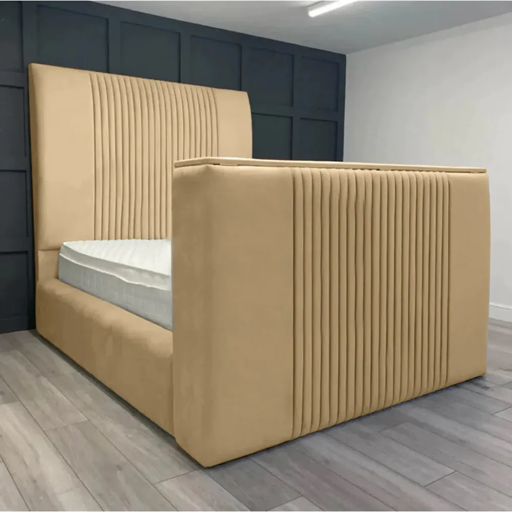 Emri Super King Size TV Bed Frame with Lined Headboard - Beige, Velvet