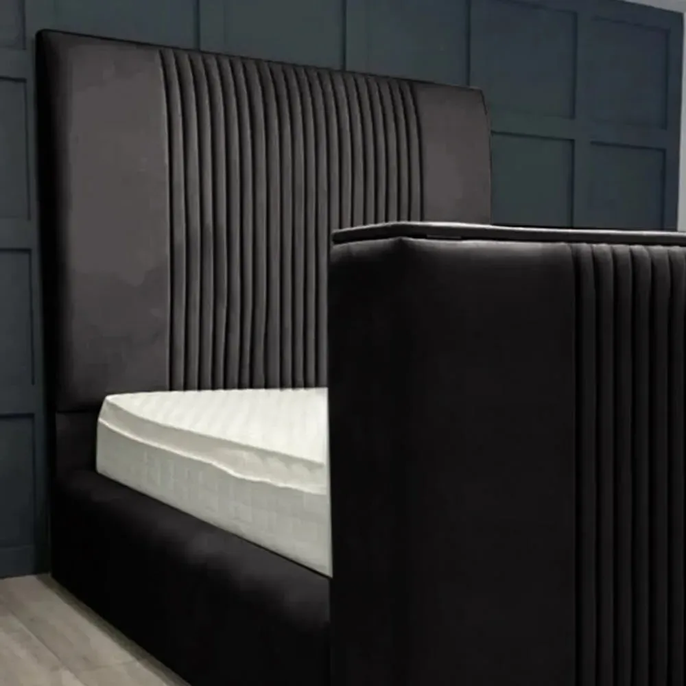 Emri Super King Size TV Bed Frame with Lined Headboard - Black, Velvet