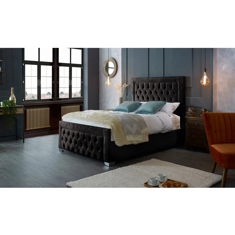 Gelson Double Bed Frame with Chesterfield Headboard - Black, Velvet