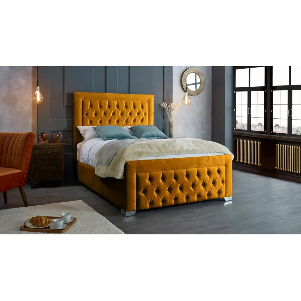 Gelson Double Bed Frame with Chesterfield Headboard - Orange, Velvet
