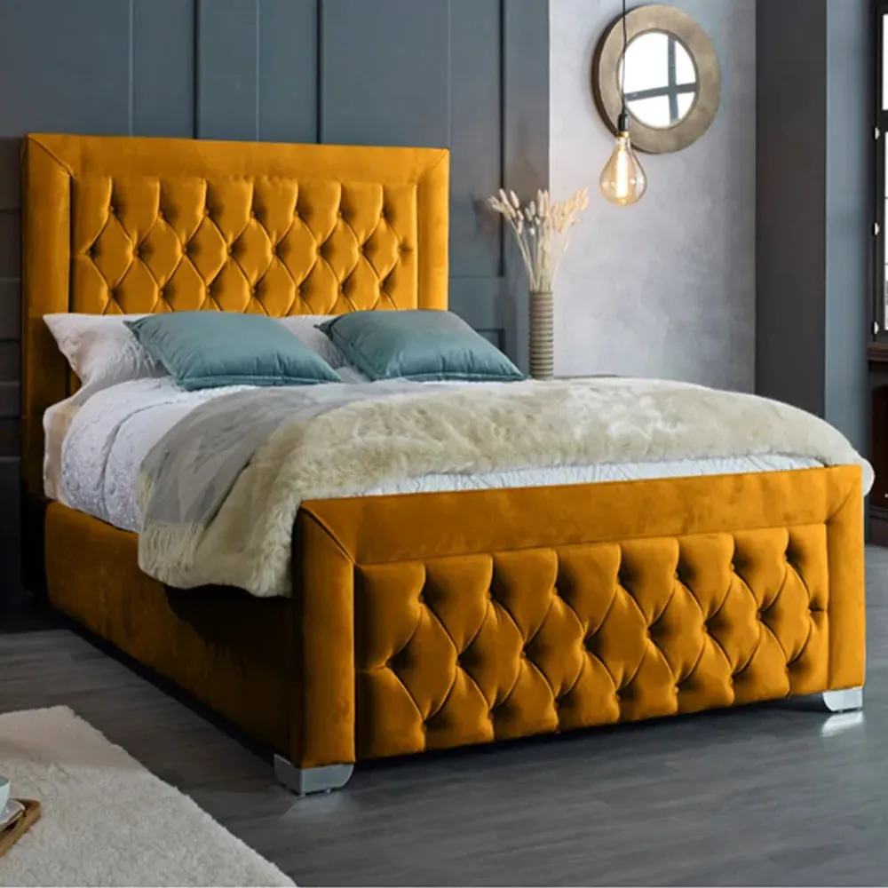 Gelson Double Bed Frame with Chesterfield Headboard - Orange, Velvet