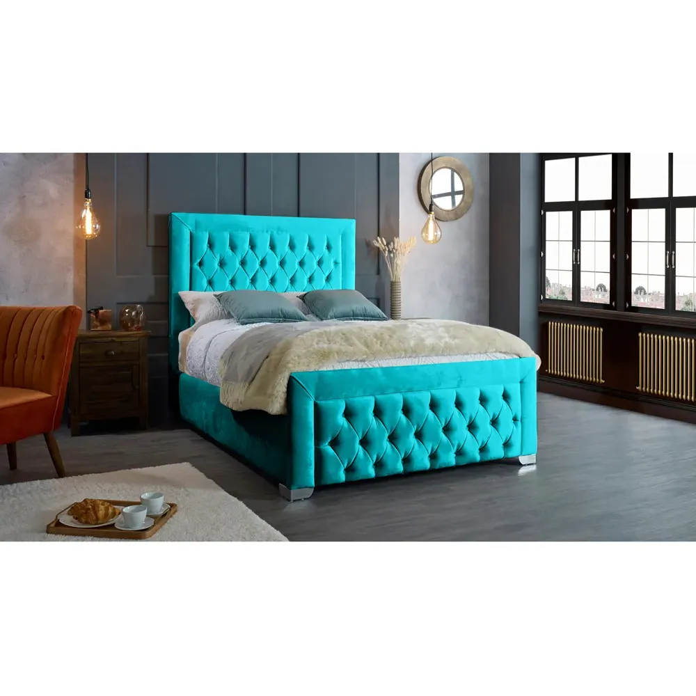 Gelson Double Bed Frame with Chesterfield Headboard - Teal, Velvet