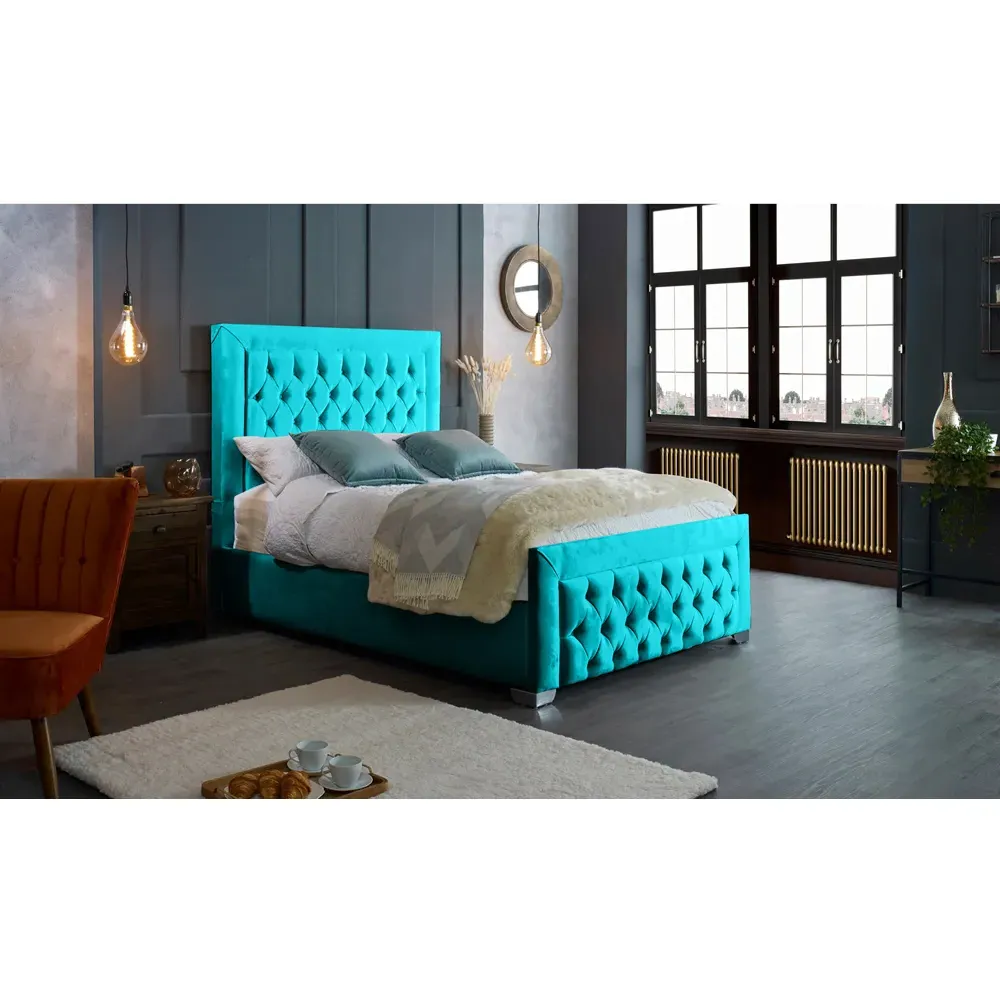 Gelson Double Bed Frame with Chesterfield Headboard - Teal, Velvet