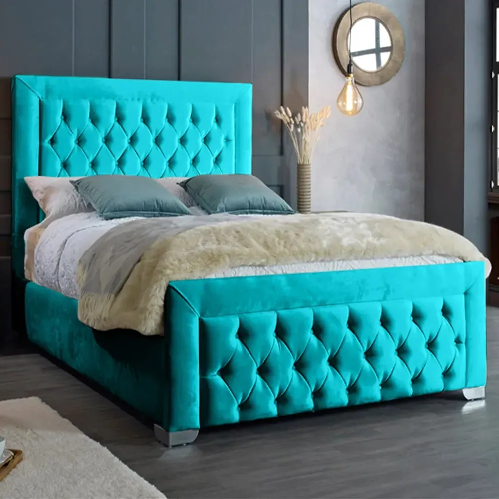 Gelson Double Bed Frame with Chesterfield Headboard - Teal, Velvet