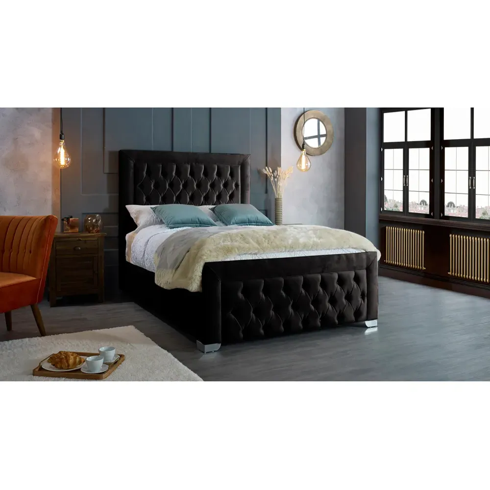 Gelson King Size Bed Frame with Chesterfield Headboard - Black, Velvet