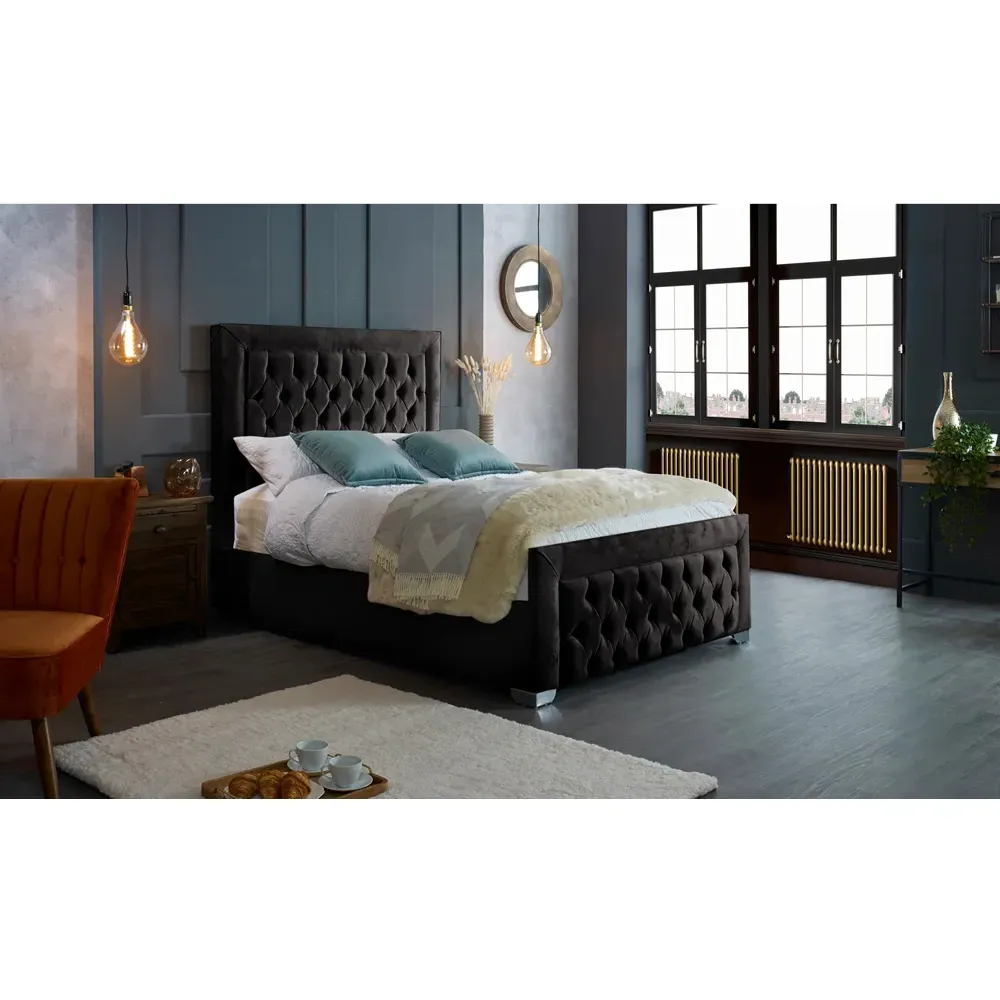 Gelson King Size Bed Frame with Chesterfield Headboard - Black, Velvet