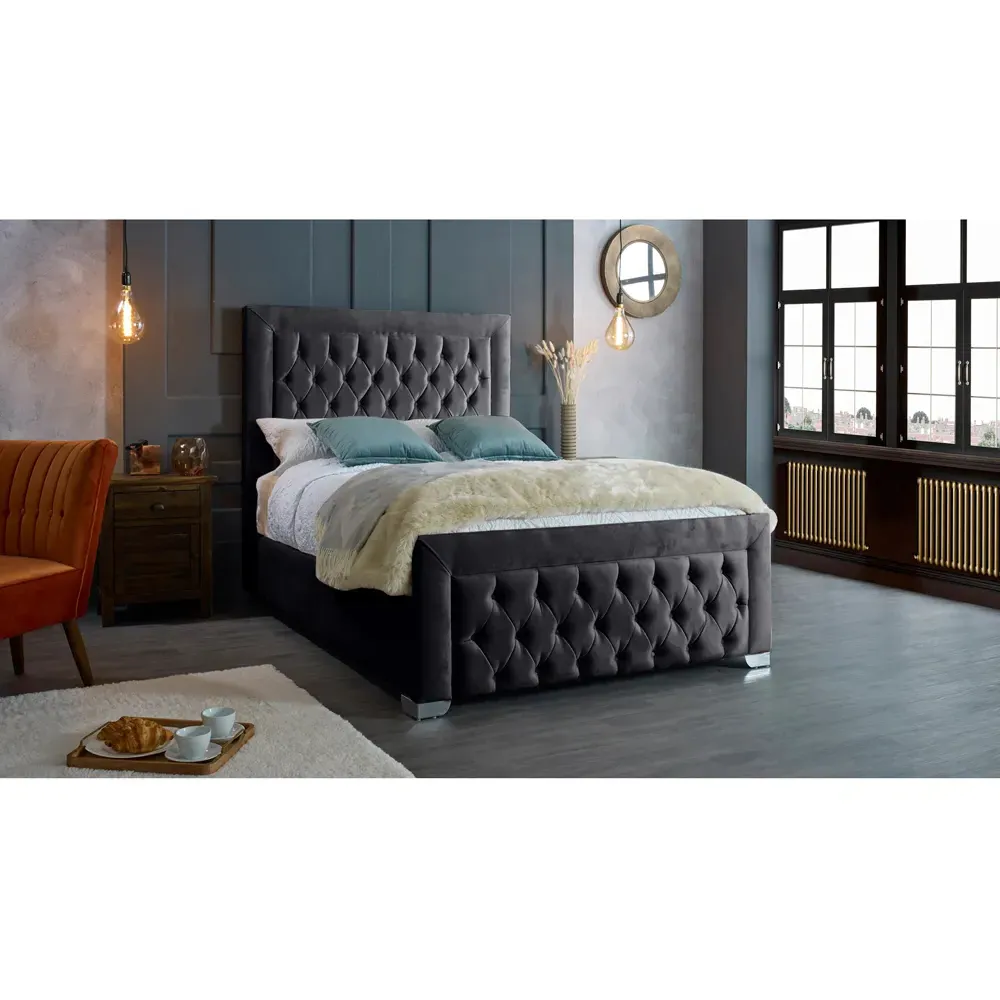 Gelson King Size Bed Frame with Chesterfield Headboard - Grey, Velvet