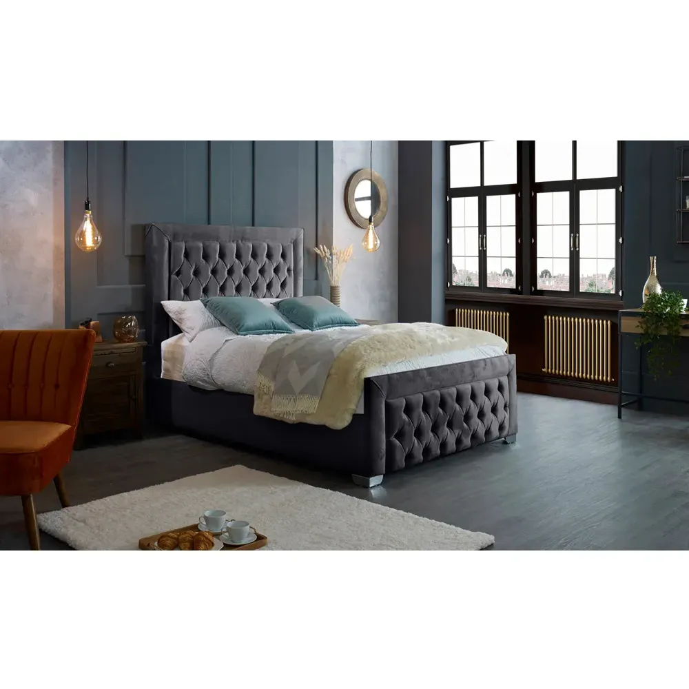 Gelson King Size Bed Frame with Chesterfield Headboard - Grey, Velvet