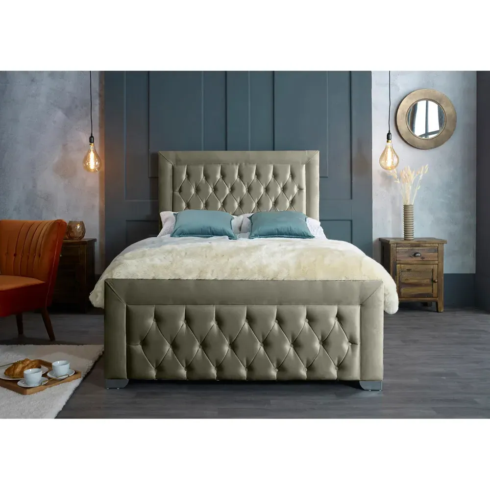 Gelson King Size Bed Frame with Chesterfield Headboard - Grey, Velvet