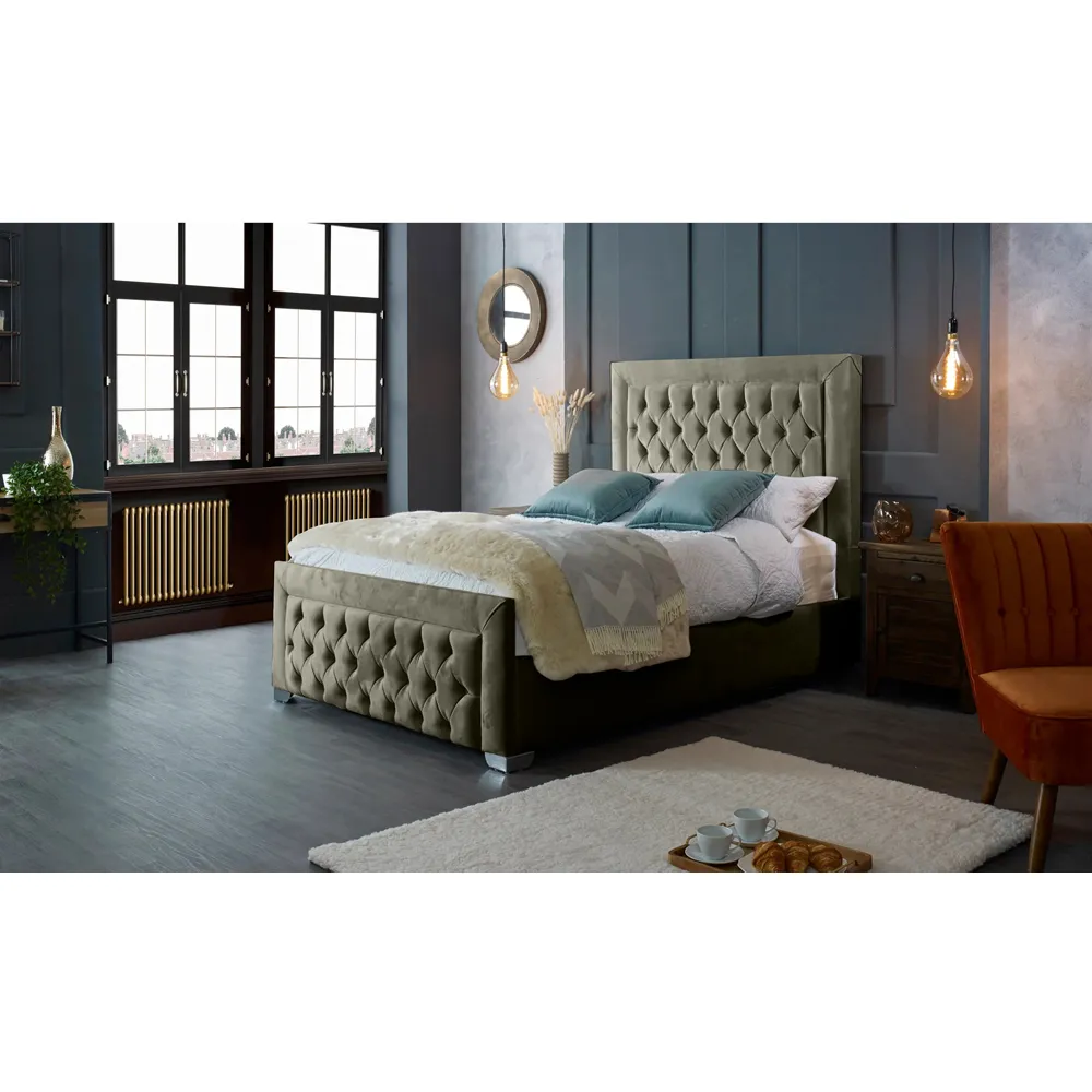 Gelson King Size Bed Frame with Chesterfield Headboard - Grey, Velvet