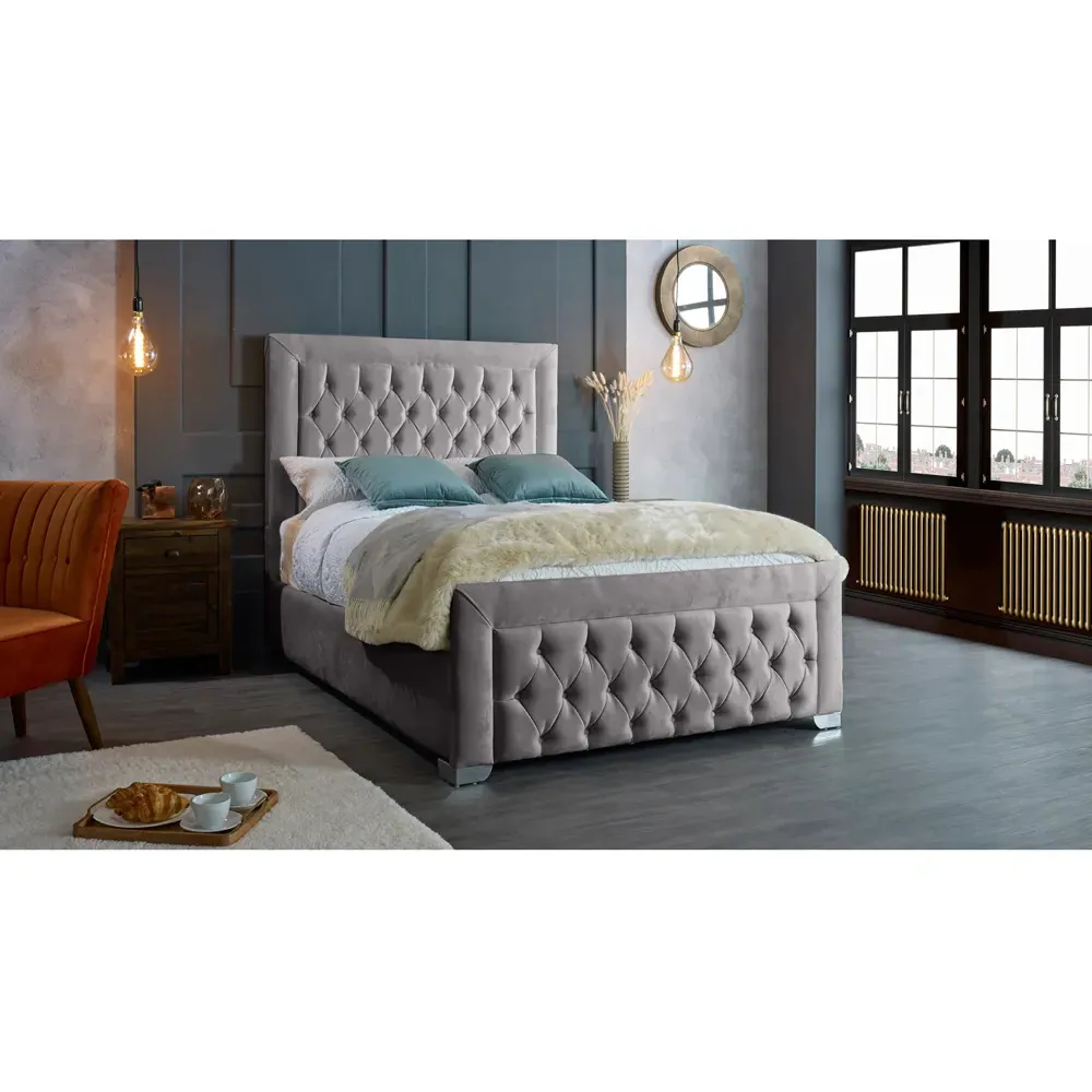 Gelson King Size Bed Frame with Chesterfield Headboard - Silver, Velvet