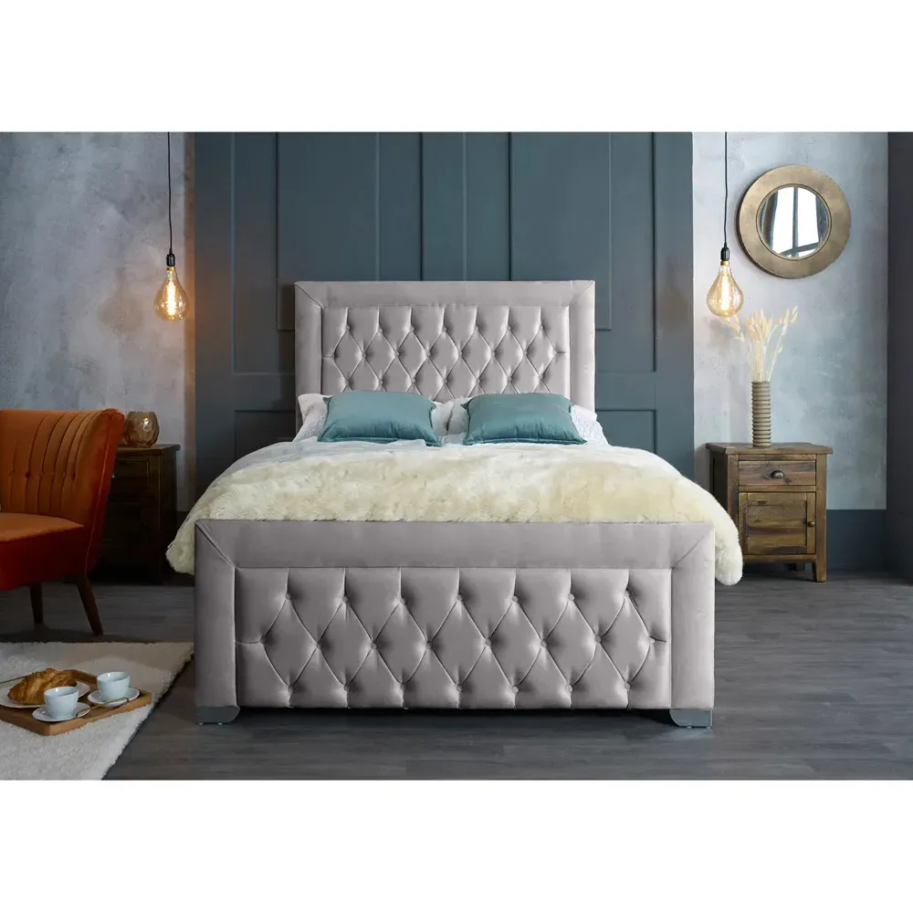 Gelson King Size Bed Frame with Chesterfield Headboard - Silver, Velvet