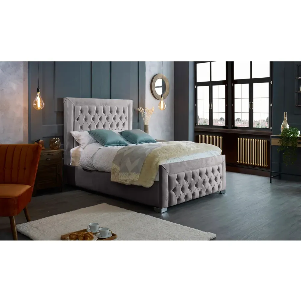 Gelson King Size Bed Frame with Chesterfield Headboard - Silver, Velvet