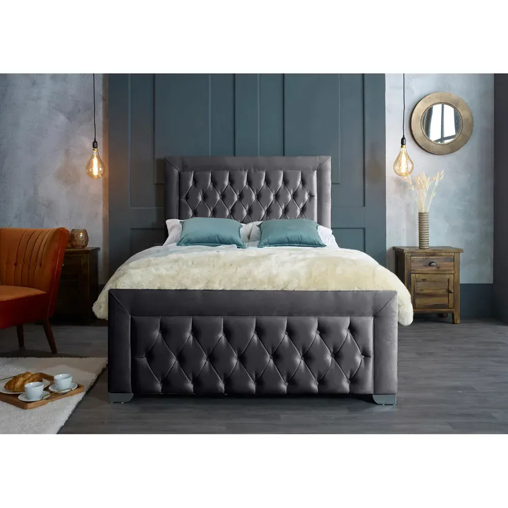 Gelson Super King Size Bed Frame with Chesterfield Headboard - Grey, Velvet