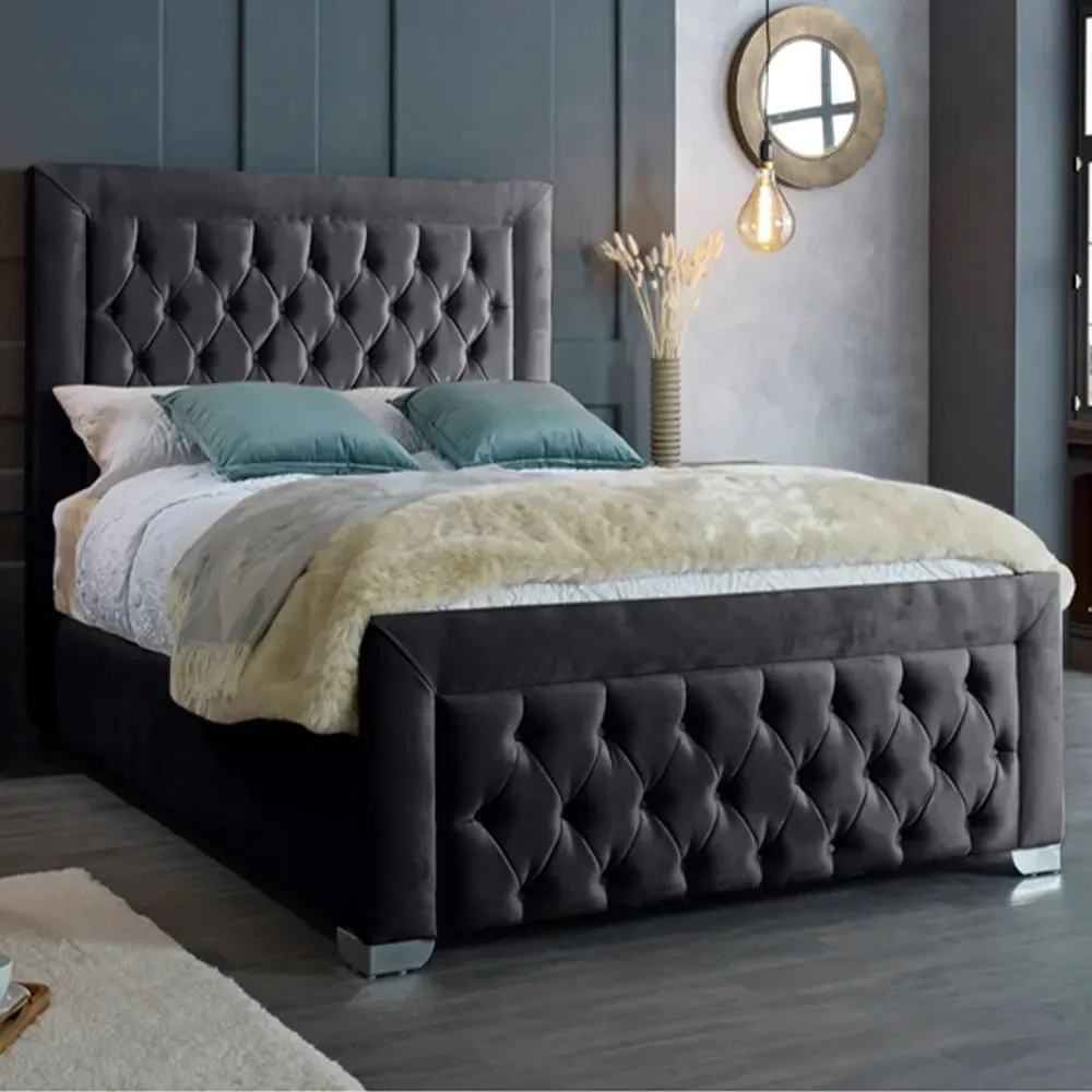 Gelson Super King Size Bed Frame with Chesterfield Headboard - Grey, Velvet