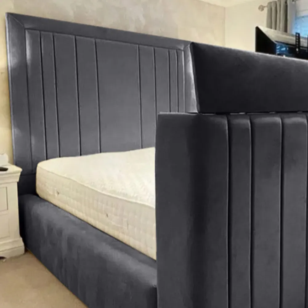 Genna King Size TV Bed Frame with Lined Headboard - Grey, Velvet