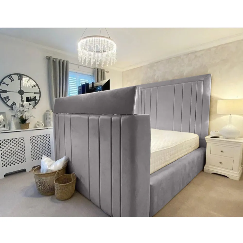 Genna King Size TV Bed Frame with Lined Headboard - Silver, Velvet