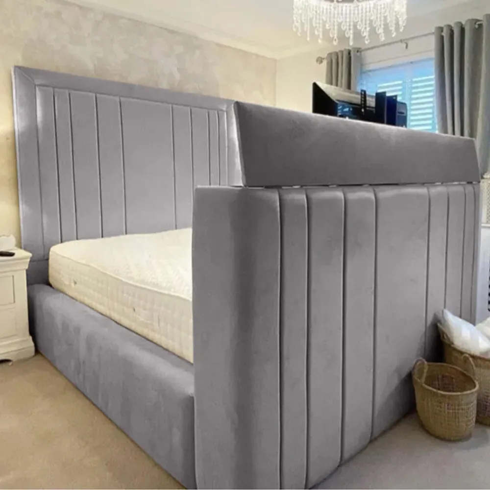 Genna King Size TV Bed Frame with Lined Headboard - Silver, Velvet