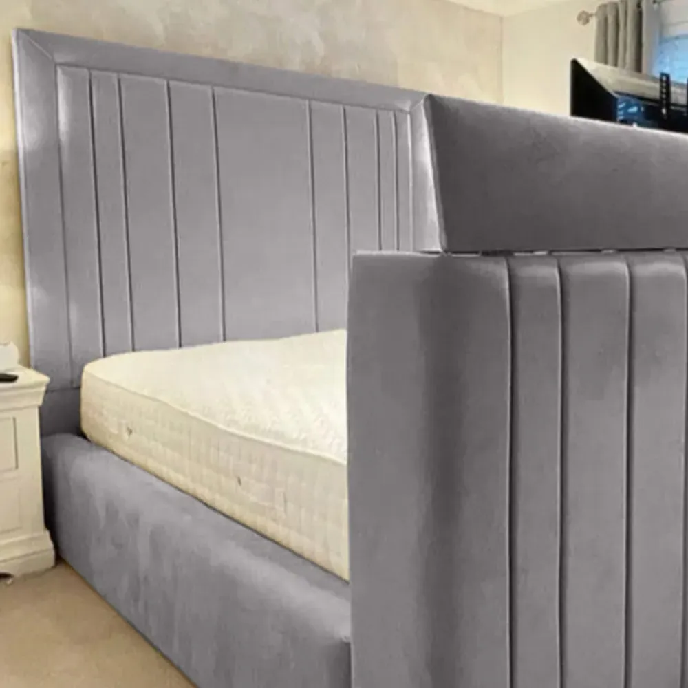 Genna Super King Size TV Bed Frame with Lined Headboard - Silver, Velvet