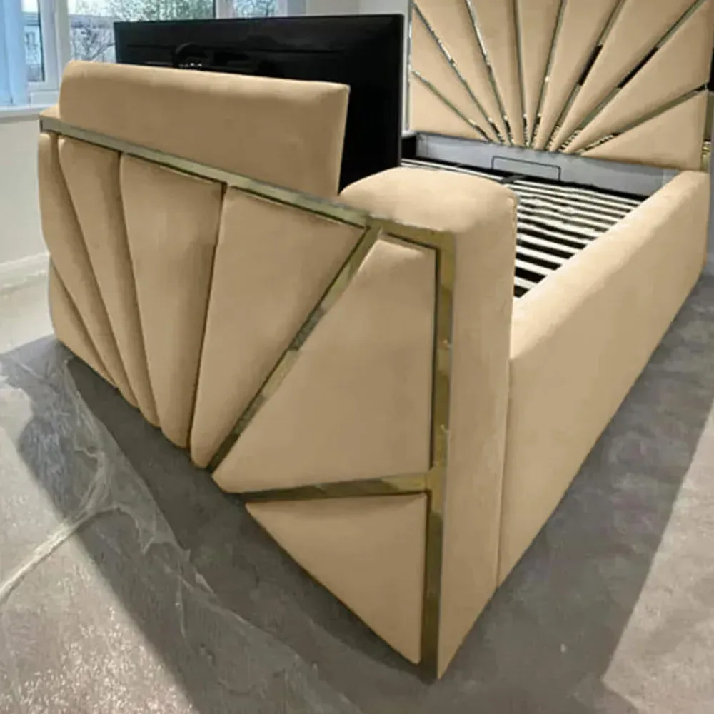 Leniva Double TV Bed Frame - Beige, Velvet