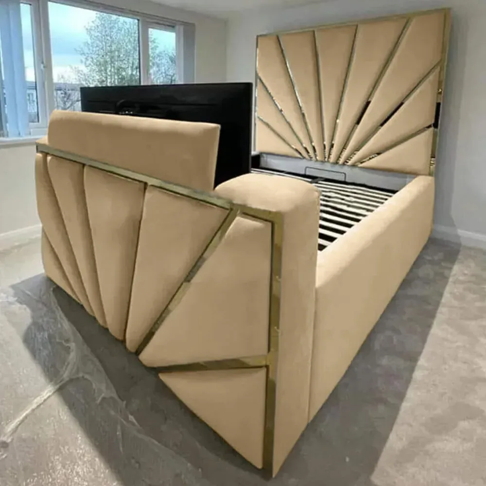 Leniva Double TV Bed Frame - Beige, Velvet image