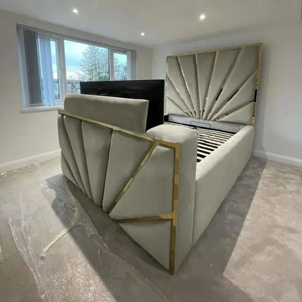 Leniva King Size TV Bed Frame - Grey, Velvet