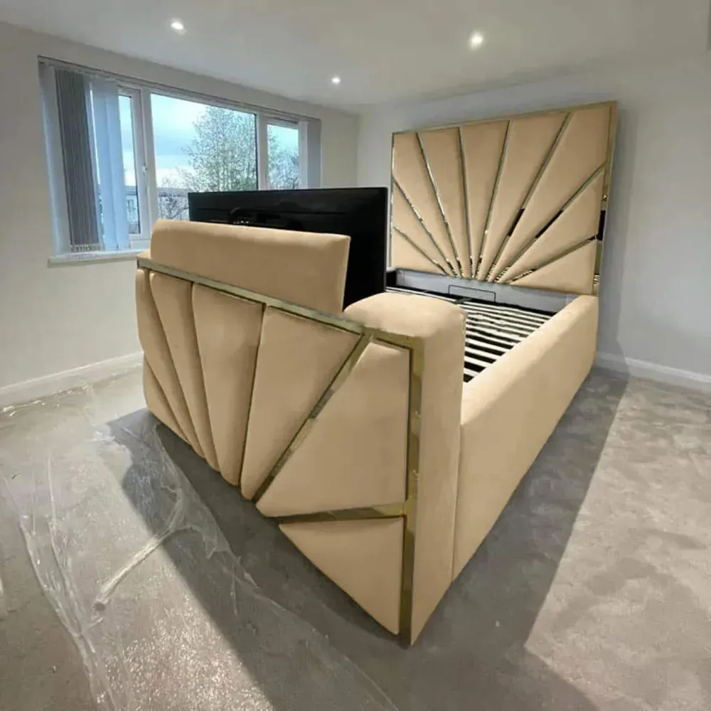 Leniva Super King Size TV Bed Frame - Beige, Velvet