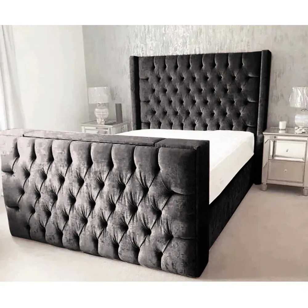Lokie Double TV Bed Frame with Remote - Black, Velvet