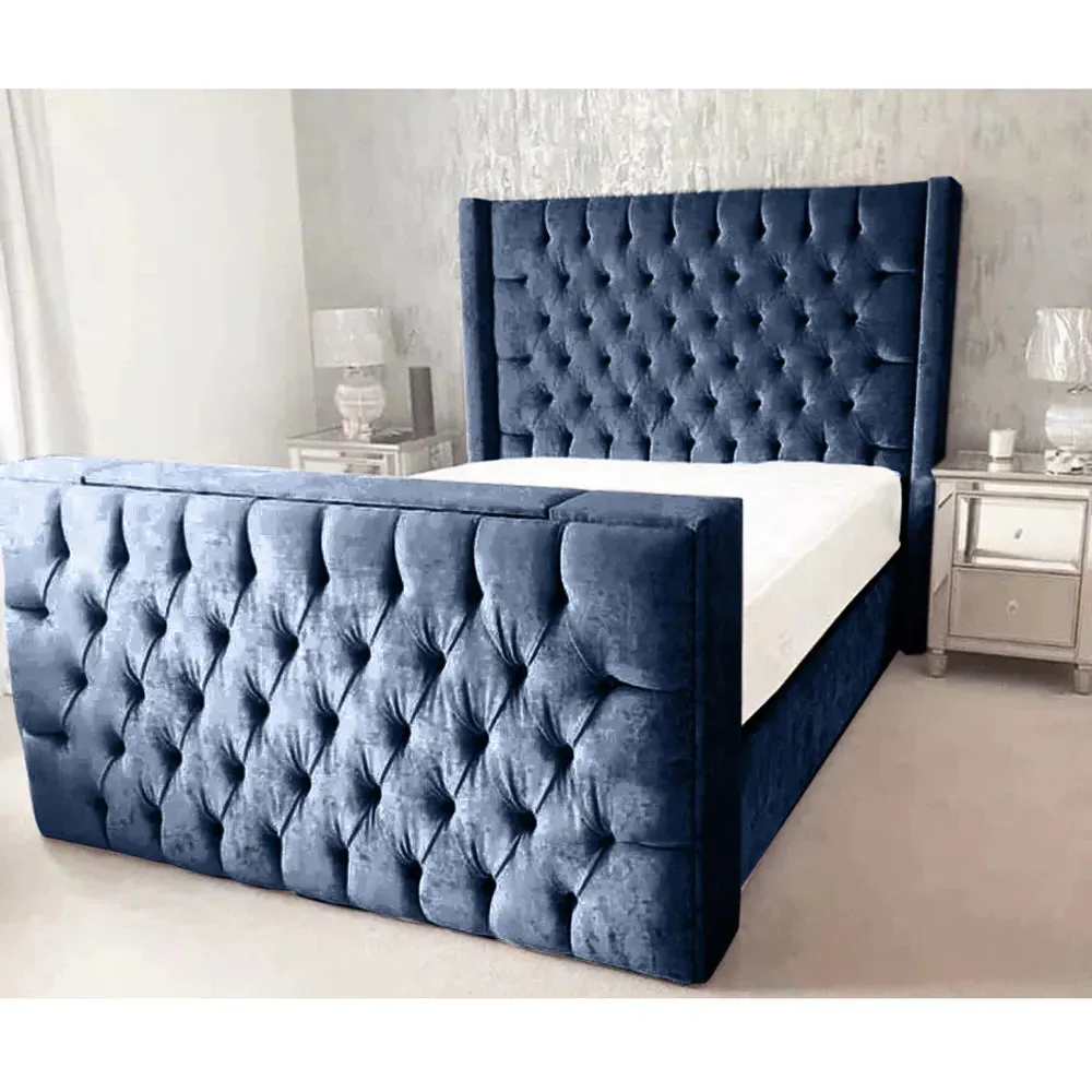 Lokie Double TV Bed Frame with Remote - Blue, Velvet