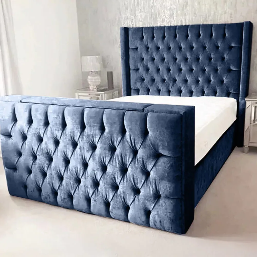 Lokie Double TV Bed Frame with Remote - Blue, Velvet