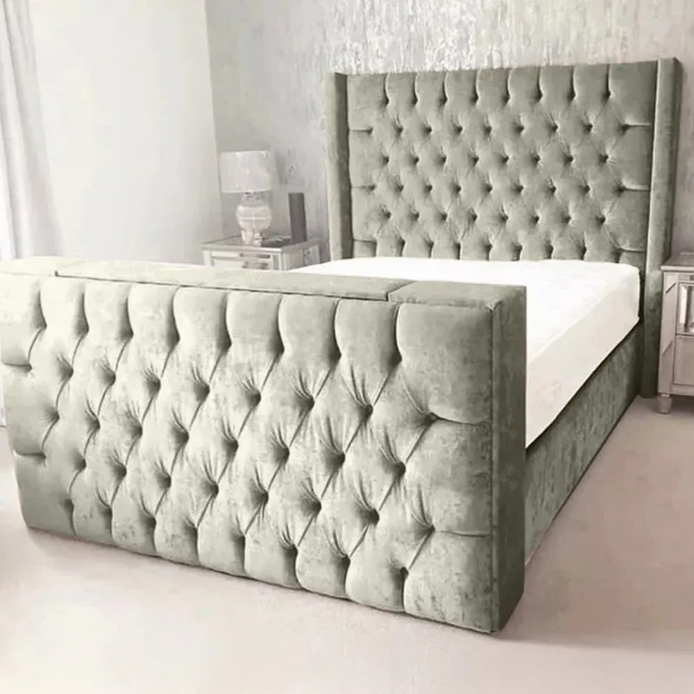 Lokie Double TV Bed Frame with Remote - Grey, Velvet