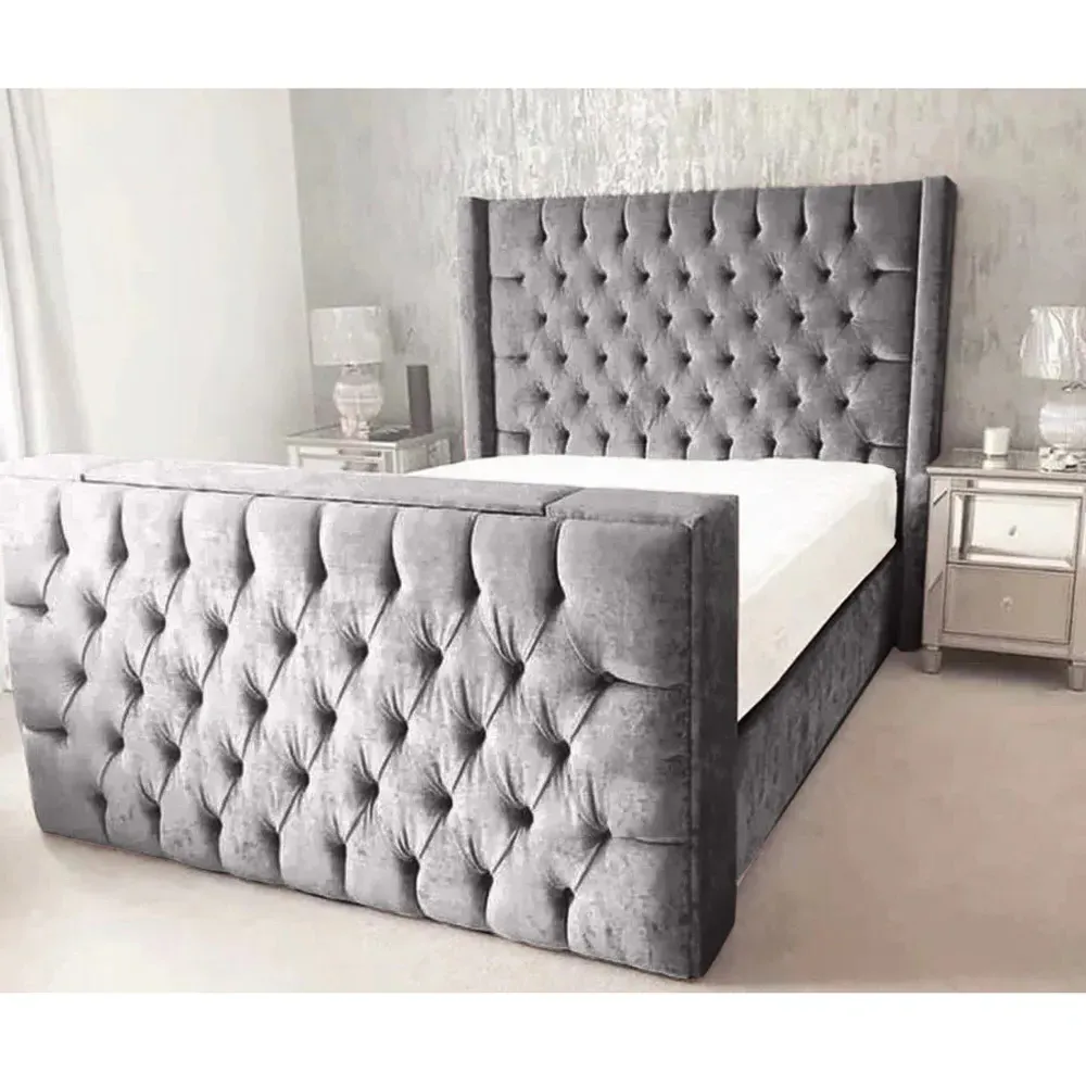 Lokie Double TV Bed Frame with Remote - Silver, Velvet