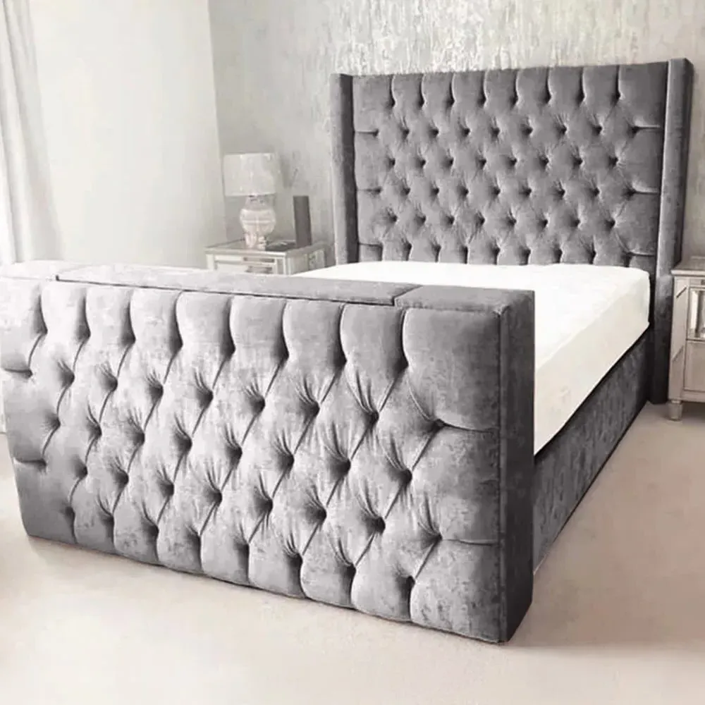 Lokie Double TV Bed Frame with Remote - Silver, Velvet