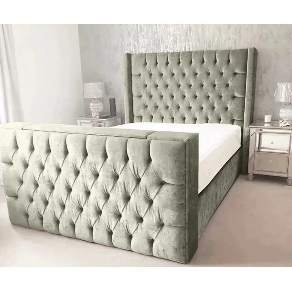 Lokie King Size TV Bed Frame with Remote - Grey, Velvet