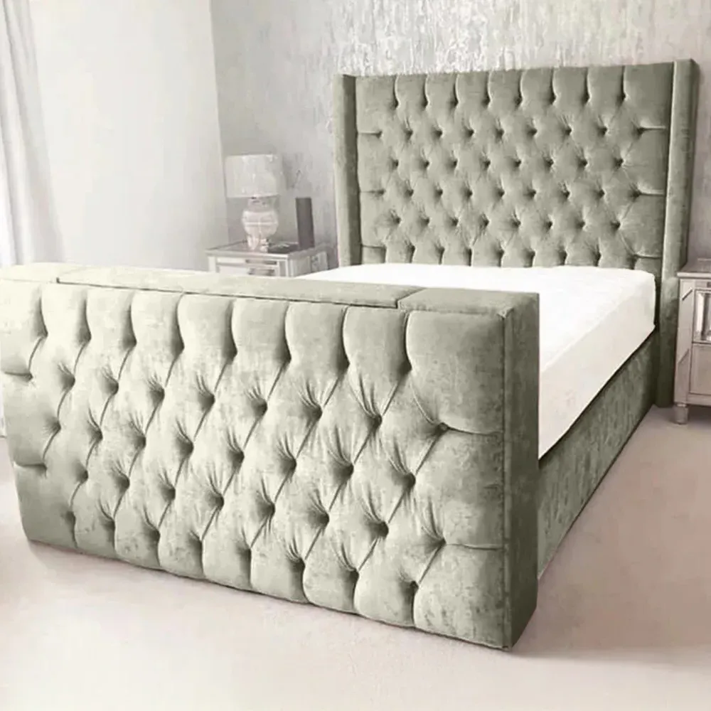 Lokie King Size TV Bed Frame with Remote - Grey, Velvet