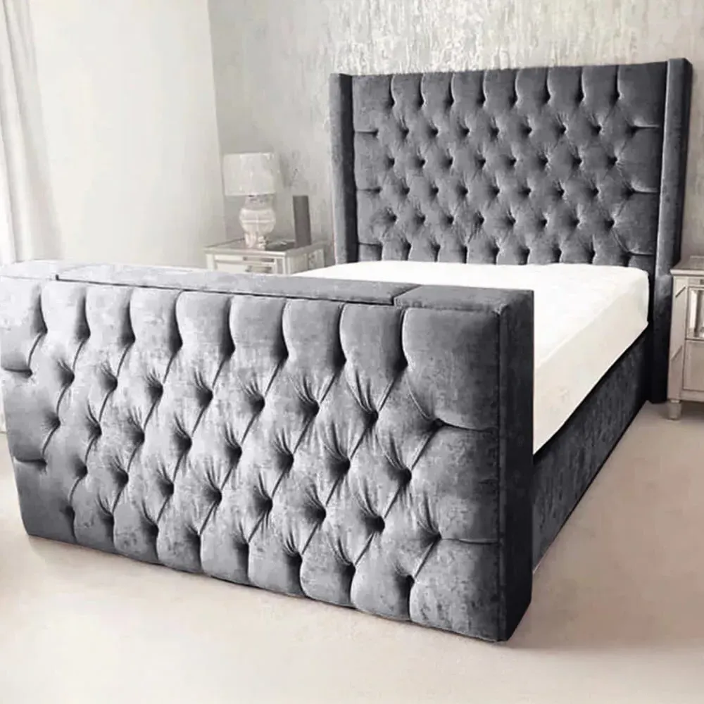 Lokie King Size TV Bed Frame with Remote - Grey, Velvet image