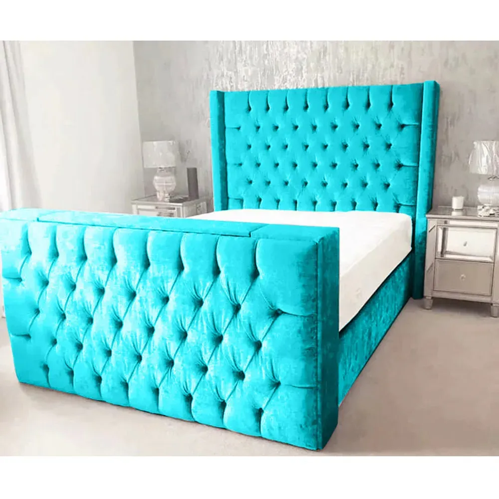 Lokie King Size TV Bed Frame with Remote - Teal, Velvet