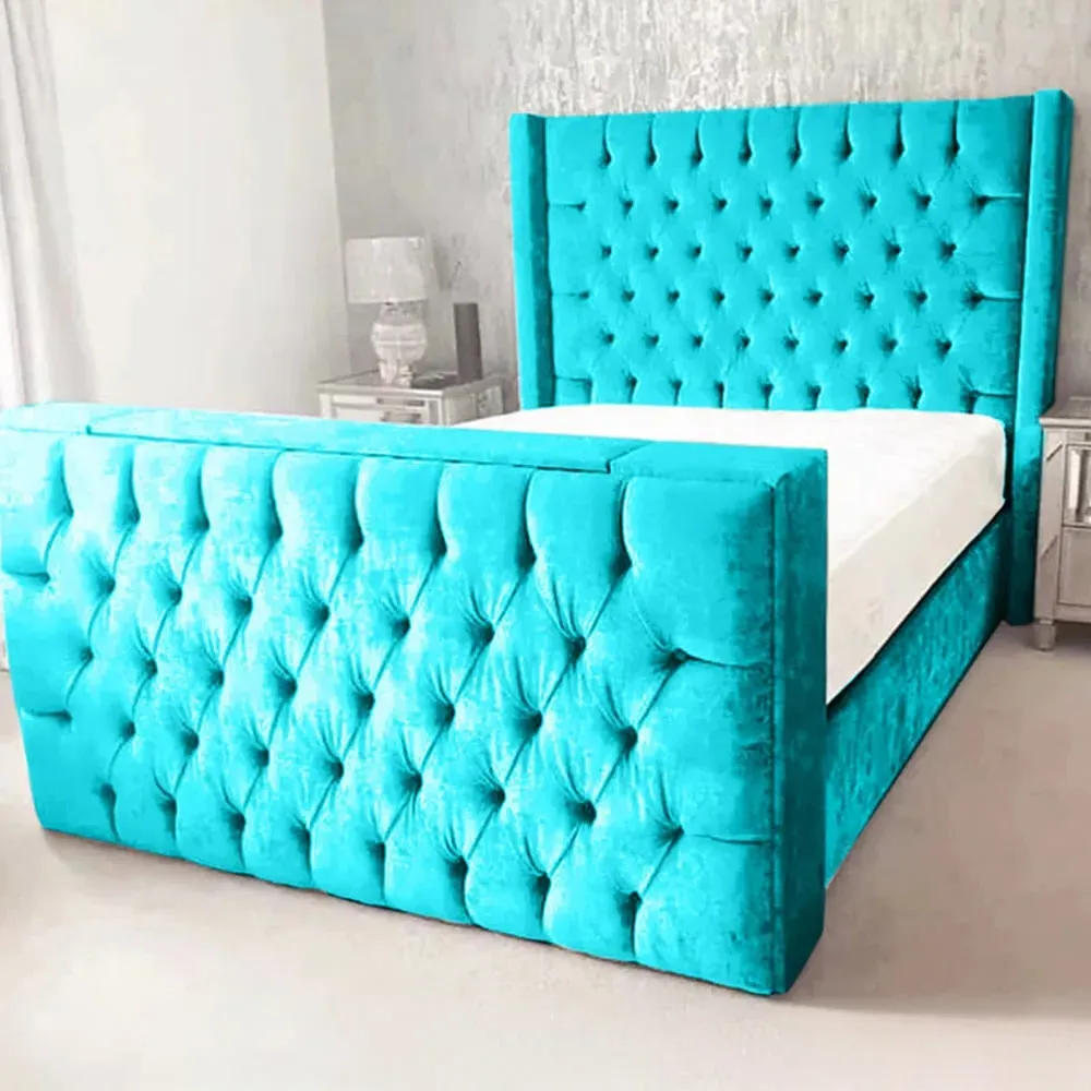 Lokie King Size TV Bed Frame with Remote - Teal, Velvet
